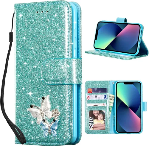 Vista 27 de UEEBAI Funda tipo cartera para iPhone 11, funda de piel sintética con purpurina para teléfono, ranuras para tarjetas, funda con función atril Negro