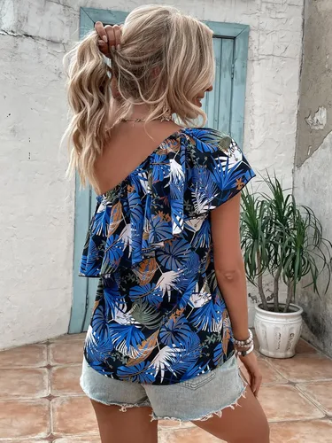 Vista 2 de WDIRARA Blusa sin mangas con estampado tropical de un hombro y volantes para mujer