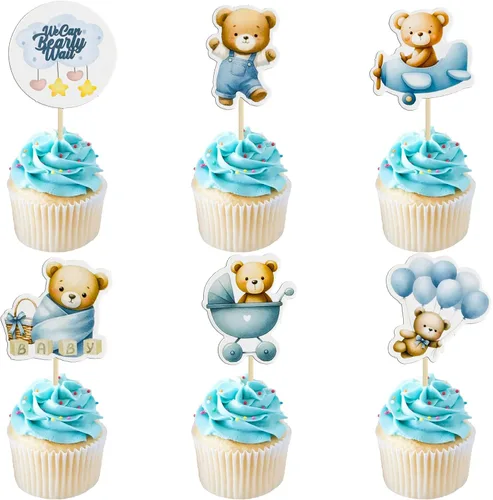 Vista 16 de Gyufise 32 Piezas Decoraciones para Cupcakes de Oso de Baby Shower Luna Oso Bebé Decoraciones de Pastel de Baby Shower Tema de Animales de la Selva