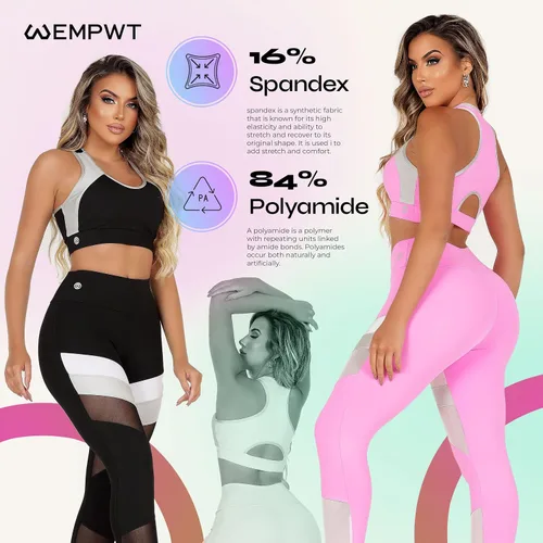 Vista 2 de EMPWT Conjunto de entrenamiento para mujer, 2 piezas, leggings de cintura alta con textura acanalada, sin costuras, brasier deportivo, conjuntos