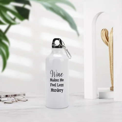 Vista 2 de Divertida botella de agua deportiva de aluminio con clip de mosquetón, 14 onzas, color blanco