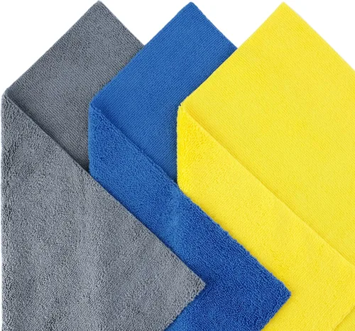 Vista 2 de POLYTE Toalla de limpieza de microfibra corte ultrasónico sin bordes (16 x 16, paquete de 24, premium, azul, gris, amarillo)