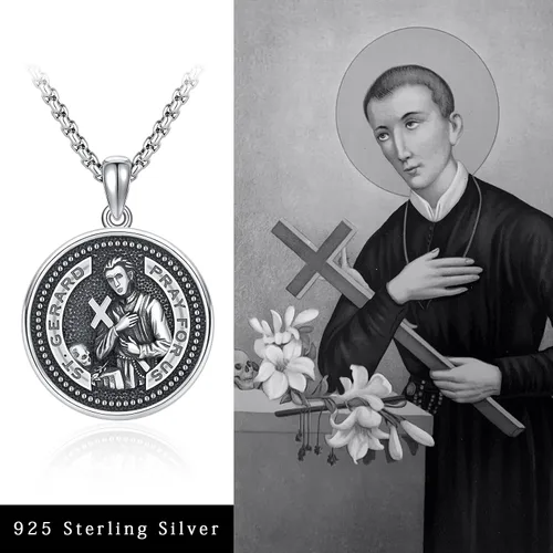 Vista 3 de Collar de San Gerardo para hombre, plata de ley 925, collar con colgante de medalla de San Gerardo, cadena de amuleto de bendición religiosa