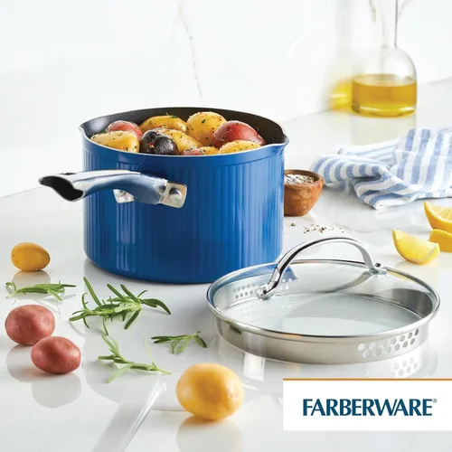Vista 8 de Farberware Style - Cacerola antiadherente con tapa, 3 cuartos de galón, color azul