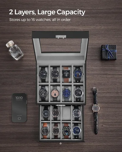 Vista 4 de SONGMICS Caja de reloj de 16 ranuras, caja de reloj con tapa de vidrio, 2 capas, vitrina de reloj con cerradura, cuero sintético negro, forro gris