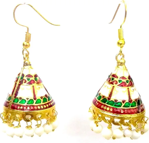 Vista 2 de DESI HAWKER Meenakari Minakari esmalte pintura oro hecho a mano pendiente Bali Jhumki Jhumka joyería Bollywood étnico indio gota cuelga lámpara