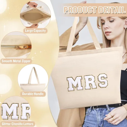Vista 3 de izuzta Bolsa de lona de felpilla para mujeres y niñas, bolsa de maquillaje grande y bonita de viaje con cremallera y asa, Señora, beige