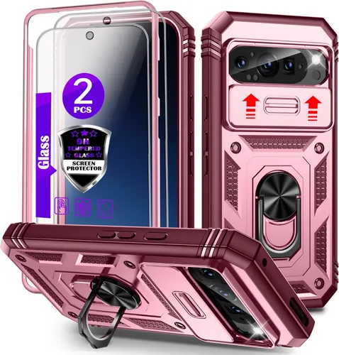 Vista 13 de Funda para Pixel 9 Pro XL con cubierta deslizante para cámara, 2 protectores de pantalla de vidrio templado, soporte de anillo giratorio de 360°