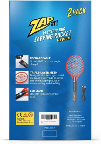Vista 4 de Zap It Bug Zapper - Raqueta recargable mata mosquitos, mata moscas eléctrica, exterminador de mosquitos, 4,000 voltios, cable de carga USB, paquete