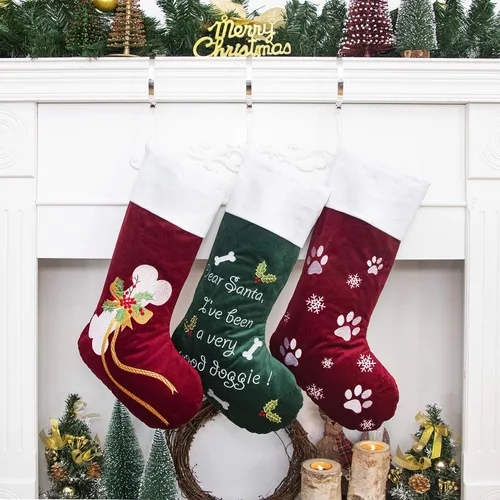 Vista 5 de GEX Medias de Navidad para perro, gato o mascota, de 22 pulgadas, forro acolchado grande, bordado, de lujo, encantador, terciopelo, adornos