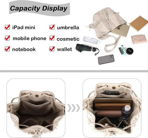 Vista 4 de Bolsos de cuero para mujer, bolsos cruzados con cordón para mujer, borla y bolsos de hombro