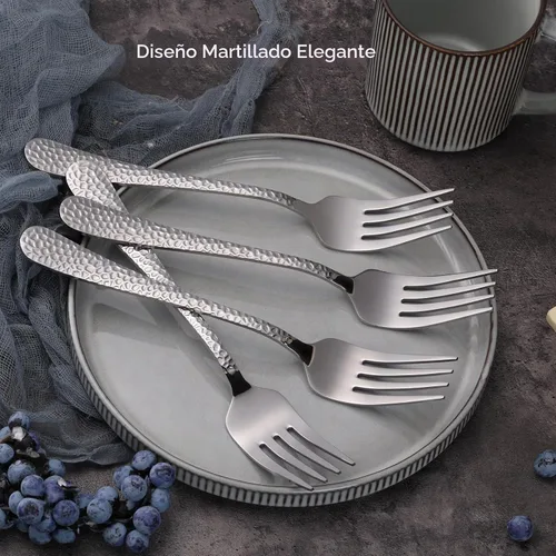 Vista 4 de E-far Tenedores de Servir Martilleados, Juego de 4 Piezas de Utensilios de Acero Inoxidable para Anfitriona, Ideales para Carne, Catering, Buffet