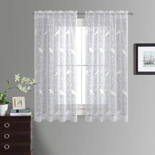 Vista 13 de Cortinas traslúcidas blancas de 63 pulgadas de largo, paneles de gasa bordada con hojas para cocina, sala de estar, dormitorio, ventanas pequeñas