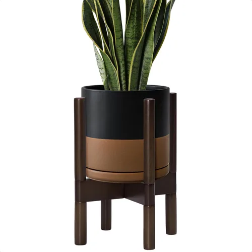 Vista 90 de D'vine Dev Maceta de cerámica con soporte de ébano – Maceta redonda moderna de 8 pulgadas con soporte para maceta de madera, color negro, 55-B-M-2