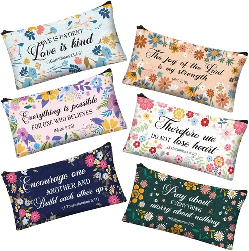 Vista 8 de Zonon Juego de 6 bolsas de maquillaje de lona de Navidad, pequeñas bolsas de cosméticos con cremallera portátil, bonita bolsa de estilo cuadros