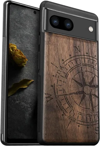 Vista 8 de Carveit Funda de madera para Pixel 8a [madera natural y TPU suave negro] a prueba de golpes, funda de madera única compatible con Google Pixel 8a