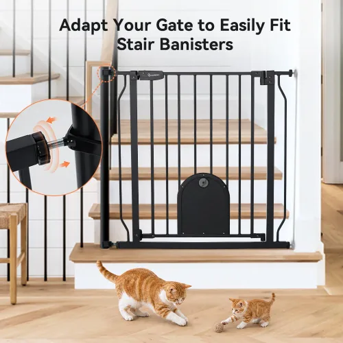 Vista 2 de COMOMY Puerta para mascotas de 29.5-33.4 pulgadas con puerta ajustable para gatos, puerta de metal extra ancha para puertas de escaleras, puerta