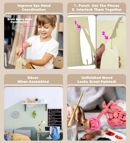 Vista 3 de Puzzled Rompecabezas 3D para motocicleta, kit de modelo de construcción de madera, divertido y educativo, juguete de madera para armar