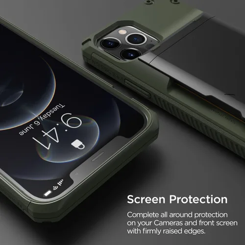 Vista 5 de VRS Design Damda Glide Pro funda compatible con iPhone 12/12 Pro, con espacio para 4 tarjetas, prémium, resistente, tarjetero semiautomático Verde