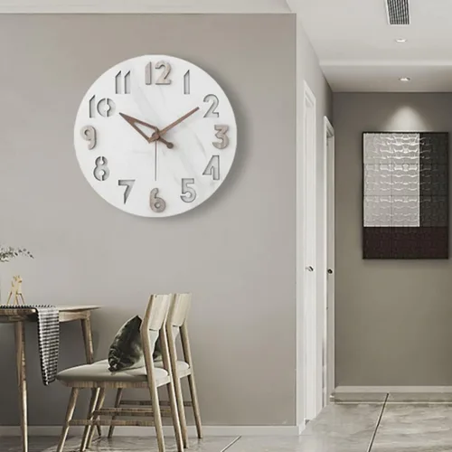 Vista 7 de SYALEO Reloj de pared redondo decorativo elegante con estampado de piedra de mármol blanco 3D, moderno, funciona con pilas, de cuarzo, silencioso