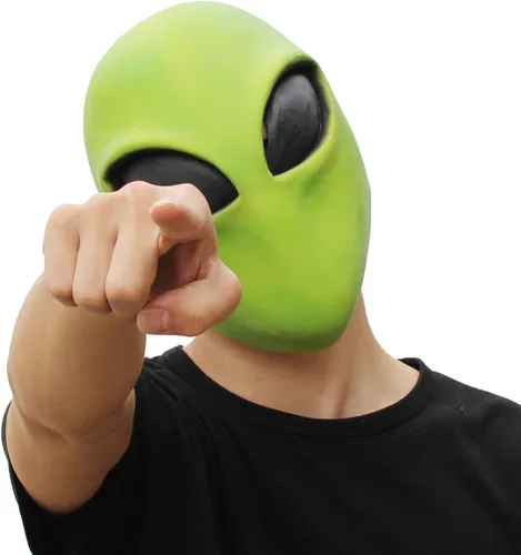Vista 8 de PartyHop Máscara de cabeza de alienígena verde, máscara de látex para disfraz de fiesta de Halloween