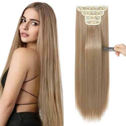 Vista 12 de REECHO - Juego de 4 extensiones de cabello sintético con clip de 12 pulgadas, 14 pulgadas y 16 pulgadas, lacio, largo y grueso, marrón oscuro
