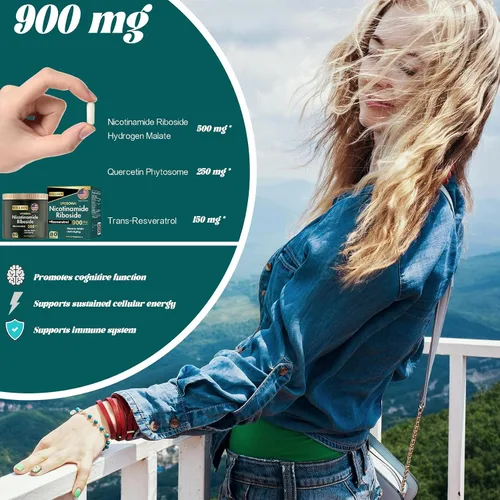Vista 4 de Suplemento liposomal NAD+, 900 mg de ribósido de nicotinamida con resveratrol, energía antienvejecimiento y apoyo de enfoque para mujeres y hombres