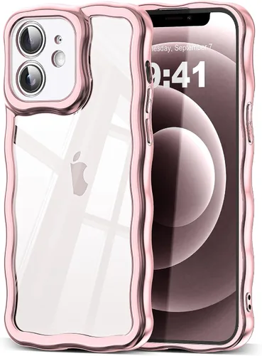 Vista 53 de SKYLMW Funda compatible con iPhone 12 Pro, diseño de ondas rizadas kawaii, borde chapado de lujo, elegante parte trasera transparente brillante, TPU
