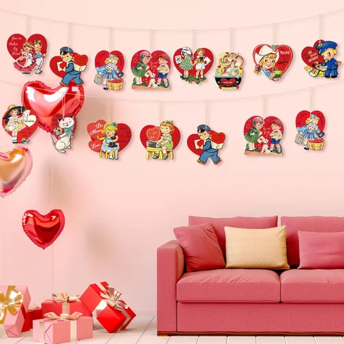 Vista 5 de BBTO 36 adornos de madera para el día de San Valentín, decoración retro para árbol de San Valentín, forma de corazón rojo, recortes de madera