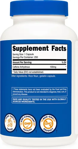 Vista 5 de Nutricost Pastillas de cafeína 100 mg por porción, 250 cápsulas