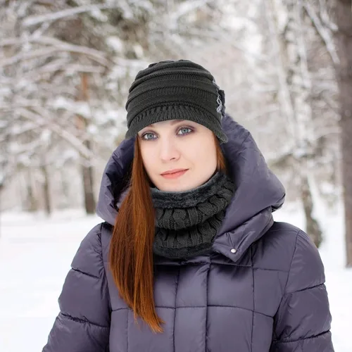 Vista 5 de 3 in 1 Hat Scarf and Gloves Set, Fleece Lined Winter Warm Beanie Hat Newsboy Cap Touchscreen Gloves Scarves for women