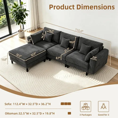 Vista 2 de Sofá de nube de 112.4 pulgadas, sofá modular en forma de L con otomana de Gris