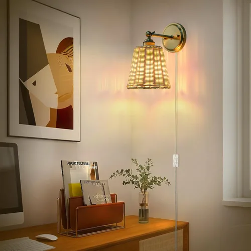 Vista 2 de Aplique de pared de ratán enchufable, pantalla de mimbre tejida a mano, juego de dos apliques de pared, lámpara de pared interior, juego de apliques