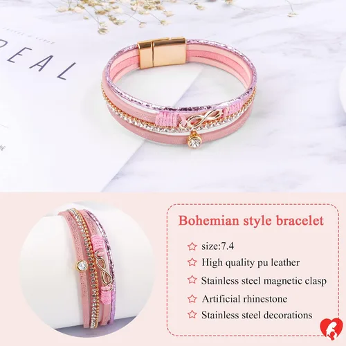 Vista 3 de Multilayer Leather Wrap Bracelets,Women Heart Modern Boho Bracelet,Magnetic Clasp Cuff Rhinestone Leather Bracelets Jewelry For GirlsWomen