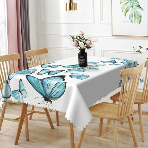Vista 49 de Mantel rectangular floral de 52 x 70 pulgadas, color blanco y negro, estampado floral, a prueba de derrames y aceite, para cocina, comedor