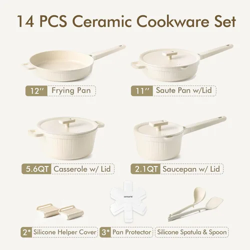 Vista 3 de SENSARTE Juego de utensilios de cocina de cerámica no tóxicos, juego de ollas y sartenes antiadherentes, utensilios de cocina de inducción aptos