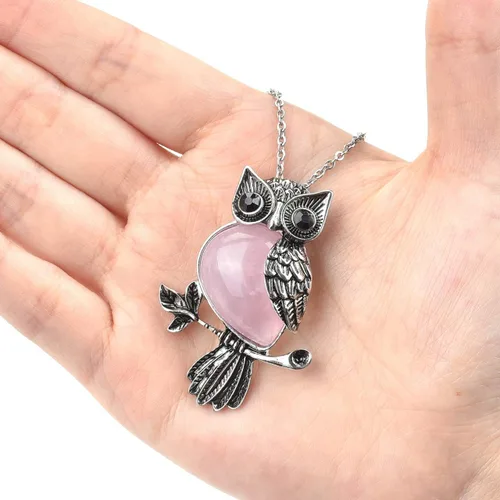 Vista 3 de Jovivi Regalos de búho, collar de búho, piedras de cristal curativas, collares con colgante para mujeres y hombres, amatista natural, joyería