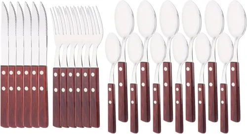 Vista 8 de Juego de cubiertos de 24 piezas con mango de madera, juego de cubiertos de acero inoxidable 304 para el hogar, cocina, restaurante, juego de vajilla
