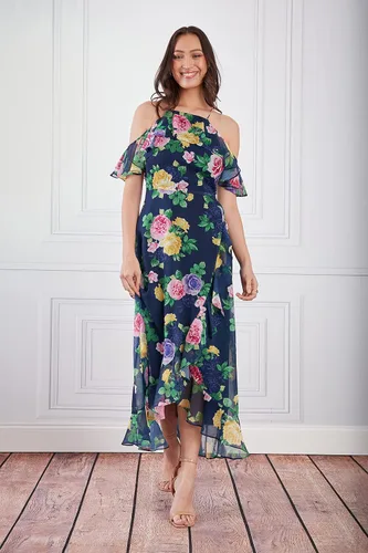 Vista 7 de London Times Vestido largo con hombros descubiertos y cuello halter para mujer, con volantes femeninos, ocasión para invitada de fiesta en el jardín