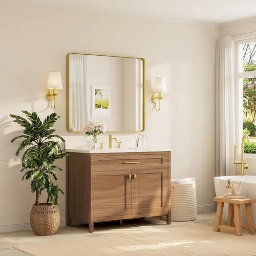 Vista 159 de TETOTE Espejo de marco dorado cepillado de 16 x 24 pulgadas, espejo de tocador de baño de latón dorado para pared, espejo enmarcado rectangular
