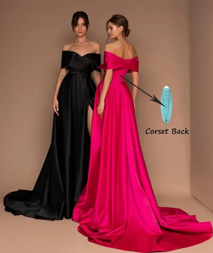 Vista 2 de BONOYUER Vestido de fiesta de satén con hombros descubiertos para mujer, largo y con abertura alta, acampanado, vestido de noche formal con bolsillos