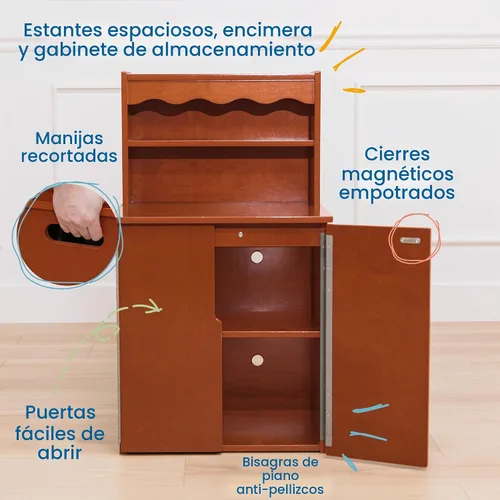 Vista 4 de ECR4Kids Cocina de Juguete Armario de Almacenamiento, Set de Juego de Madera, Nogal Oscuro