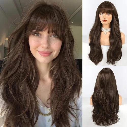 Vista 15 de HAIRCUBE Peluca larga rubia mezclada con marrón con flequillo, pelucas rizadas en capas para mujeres, pelucas sintéticas naturales para uso diario