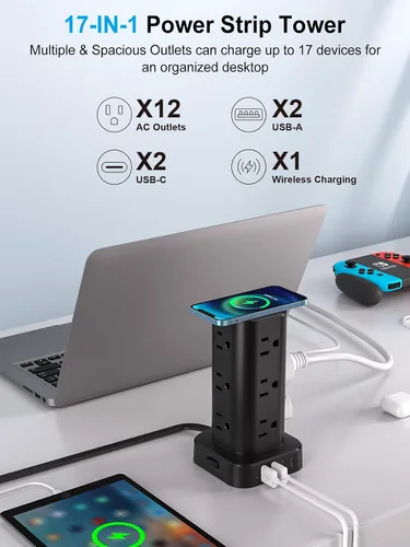 Vista 2 de Regleta de alimentación con cargador inalámbrico, protector de sobretensiones de enchufe plano con cable de extensión de 6 pies, 12 tomas