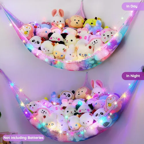 Vista 7 de Unicorn Castle Hamaca de red para animales de peluche, almacenamiento de juguetes con luz LED, organizador de juguetes de felpa para colgar