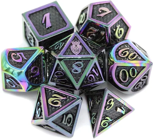 Vista 7 de HEIMDALLR Juego de dados DND de metal, 7 piezas, diseño de piel de dragón, tamaño de 0.630 in, logotipo en D20; juego de dados de metal y caja