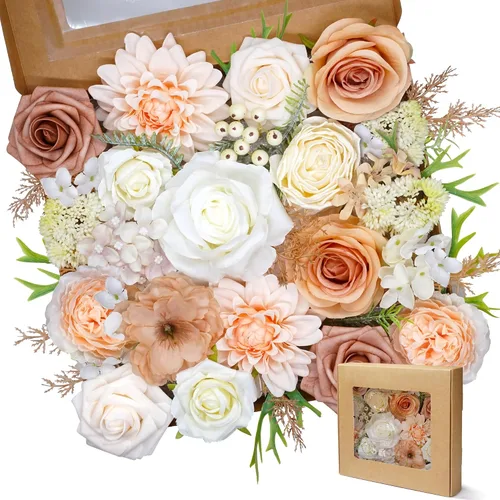 Vista 2 de Flores artificiales naranja, todas las flores falsas de seda champán con tallo para bricolaje, ramos de arco de boda, centros de mesa de despedida