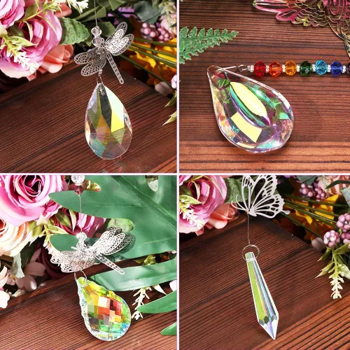 Vista 7 de Atrapasoles de cristal, 7 prismas de bola de cristales coloridos, colgantes de cristal con mariposa, libélula colibrí, adorno colgante de ventana