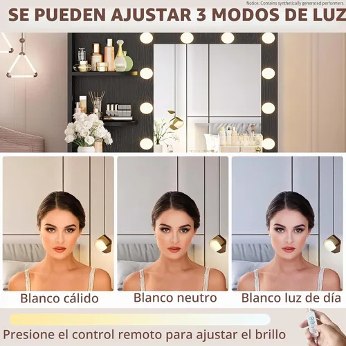 Vista 5 de IRONCK - Escritorio de tocador con espejo y luces, pequeña mesa de tocador de maquillaje con 5 cajones, toma de corriente y taburete de tocador, 3