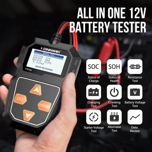 Vista 2 de KONNWEI KW208 12V Probador de Batería de Coche, Probador de Carga de Batería Automotriz 12V Probador de Arranque de Alternador Digital Analizador